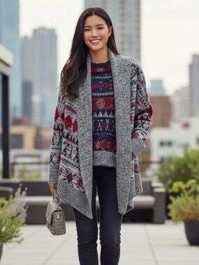 Roxy Aztec Print Oversized Knit Open Draped Cardigan Sweater Size Small